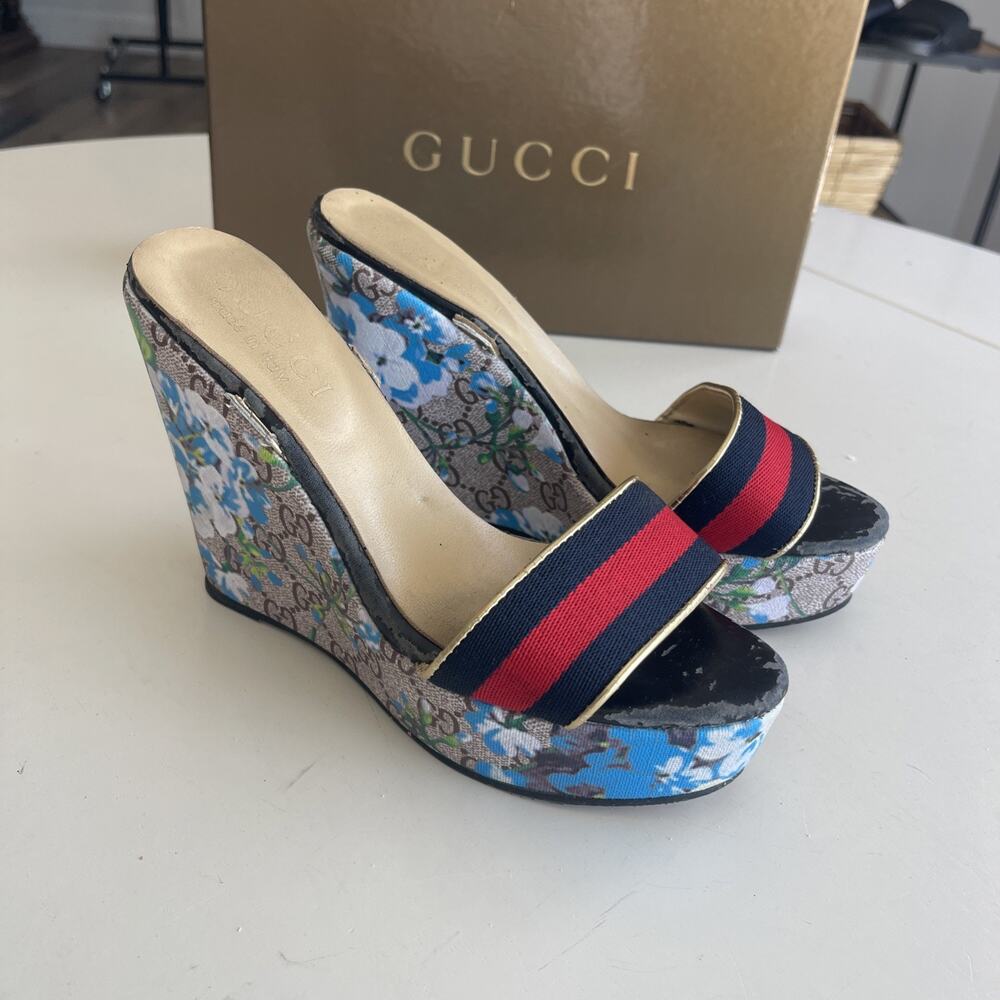 Gucci Women Sz 6 (37) GG Blooms Wedge Sandals With Box FLAW FLAW FLAW